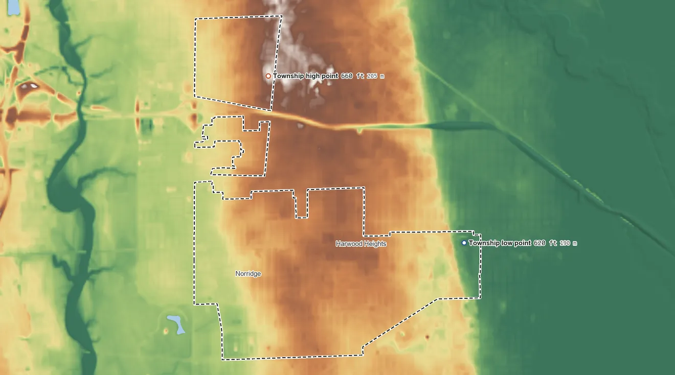 Topographic elevation map of Norwood Park Township, Illinois, shaded from 620 ft on the east side to 660 ft on the north side
