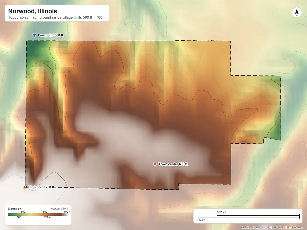 Topographic elevation map of Norwood, Illinois, shaded from 560 ft on the northwest side to 700 ft on the west side