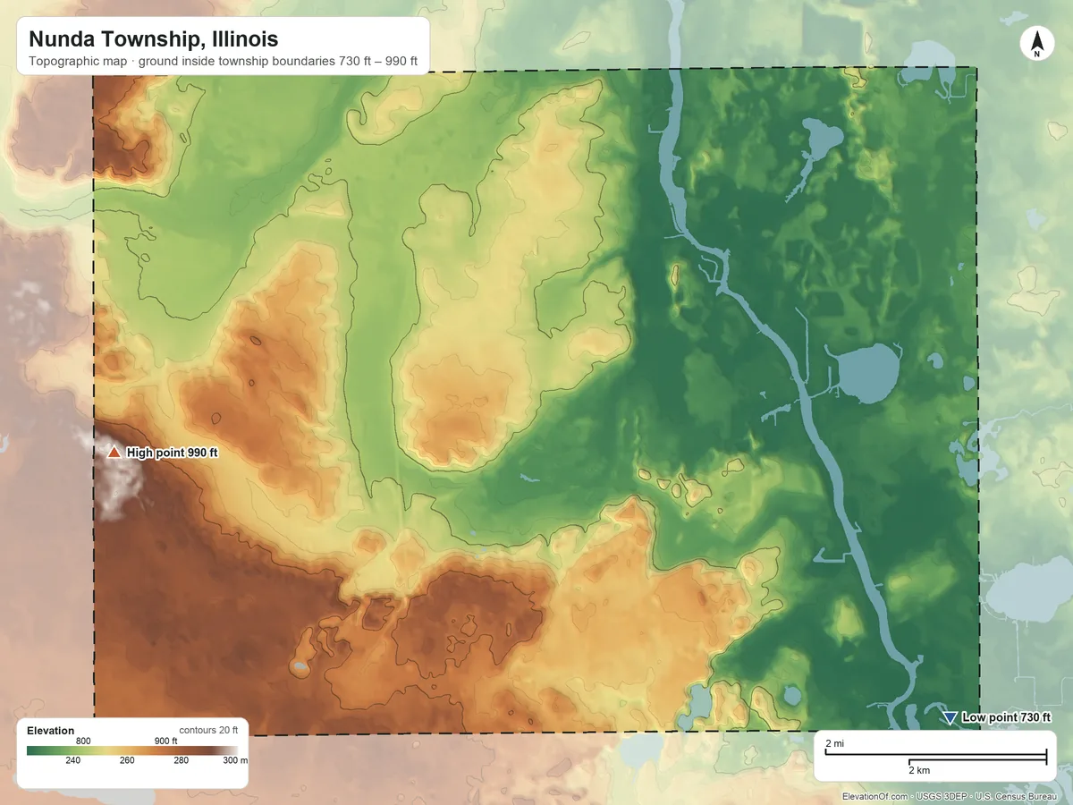 Topographic elevation map of Nunda Township, Illinois, shaded from 730 ft on the southeast side to 990 ft on the west side
