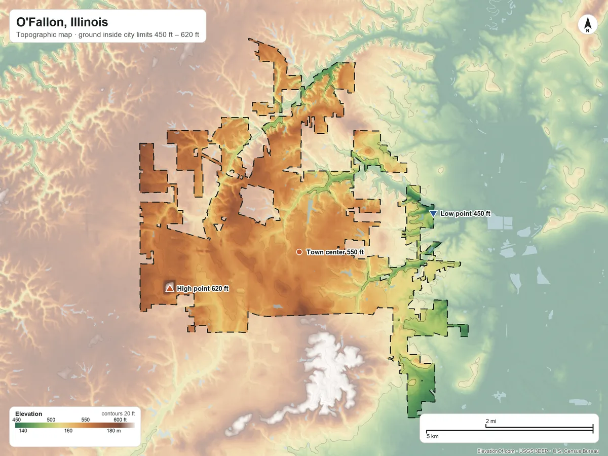 Topographic elevation map of O'Fallon, Illinois, shaded from 450 ft on the east side to 620 ft on the west side