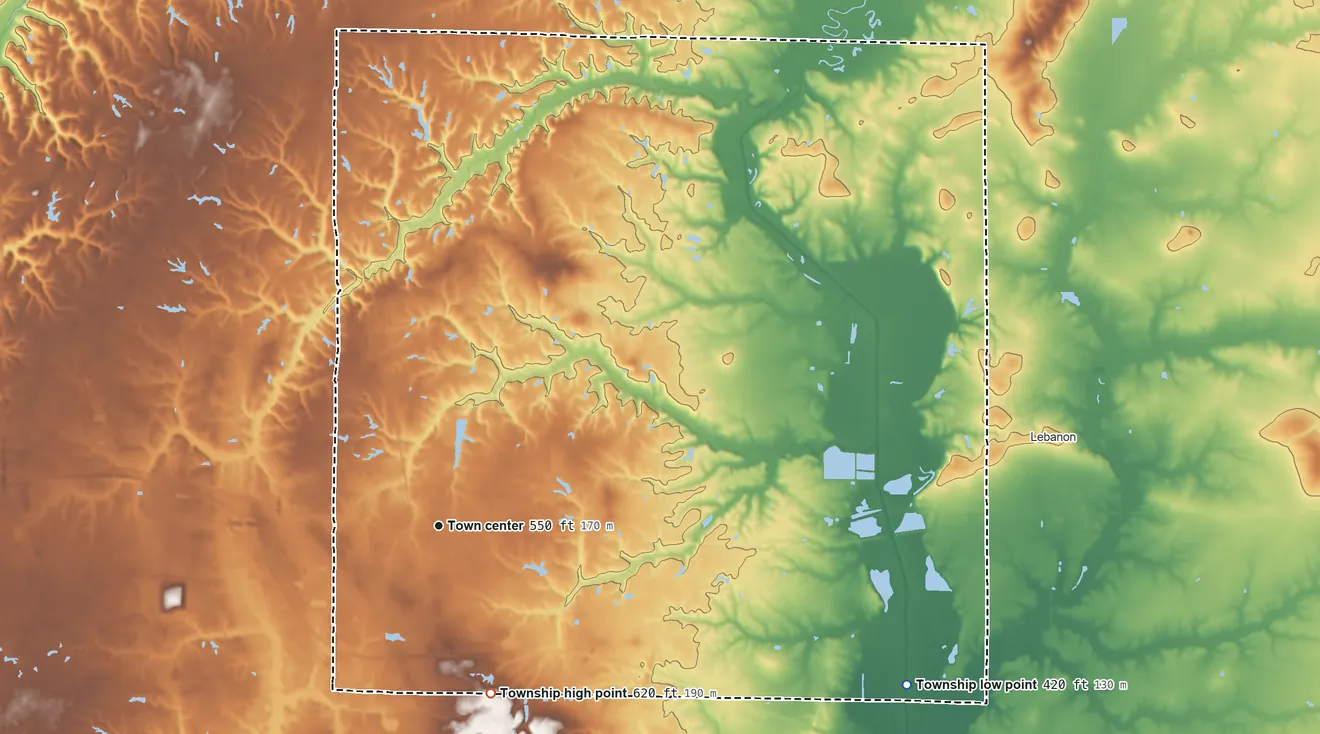 Topographic elevation map of O'Fallon Township, Illinois, shaded from 420 ft on the east side to 620 ft on the south side