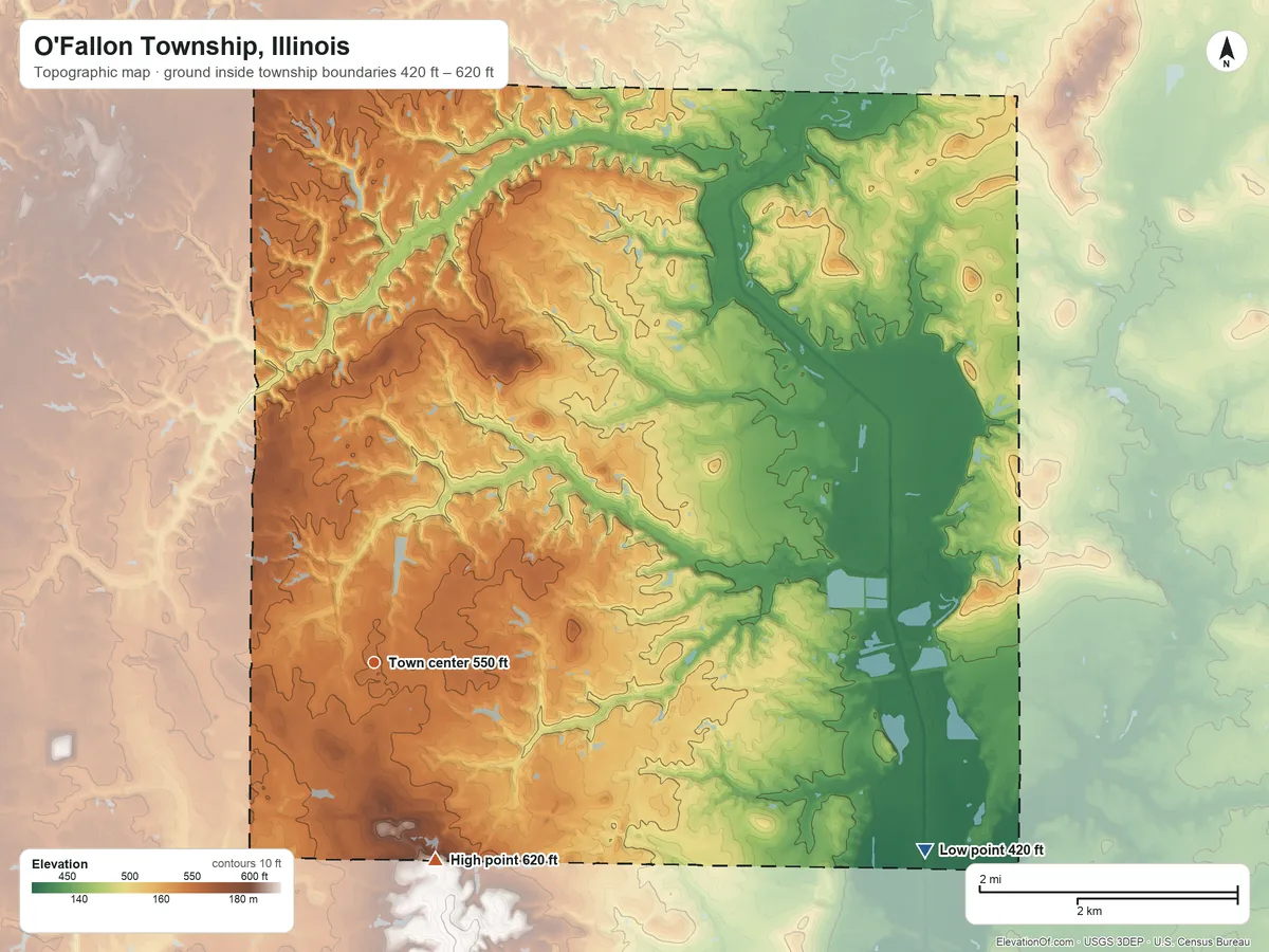 Topographic elevation map of O'Fallon Township, Illinois, shaded from 420 ft on the east side to 620 ft on the south side
