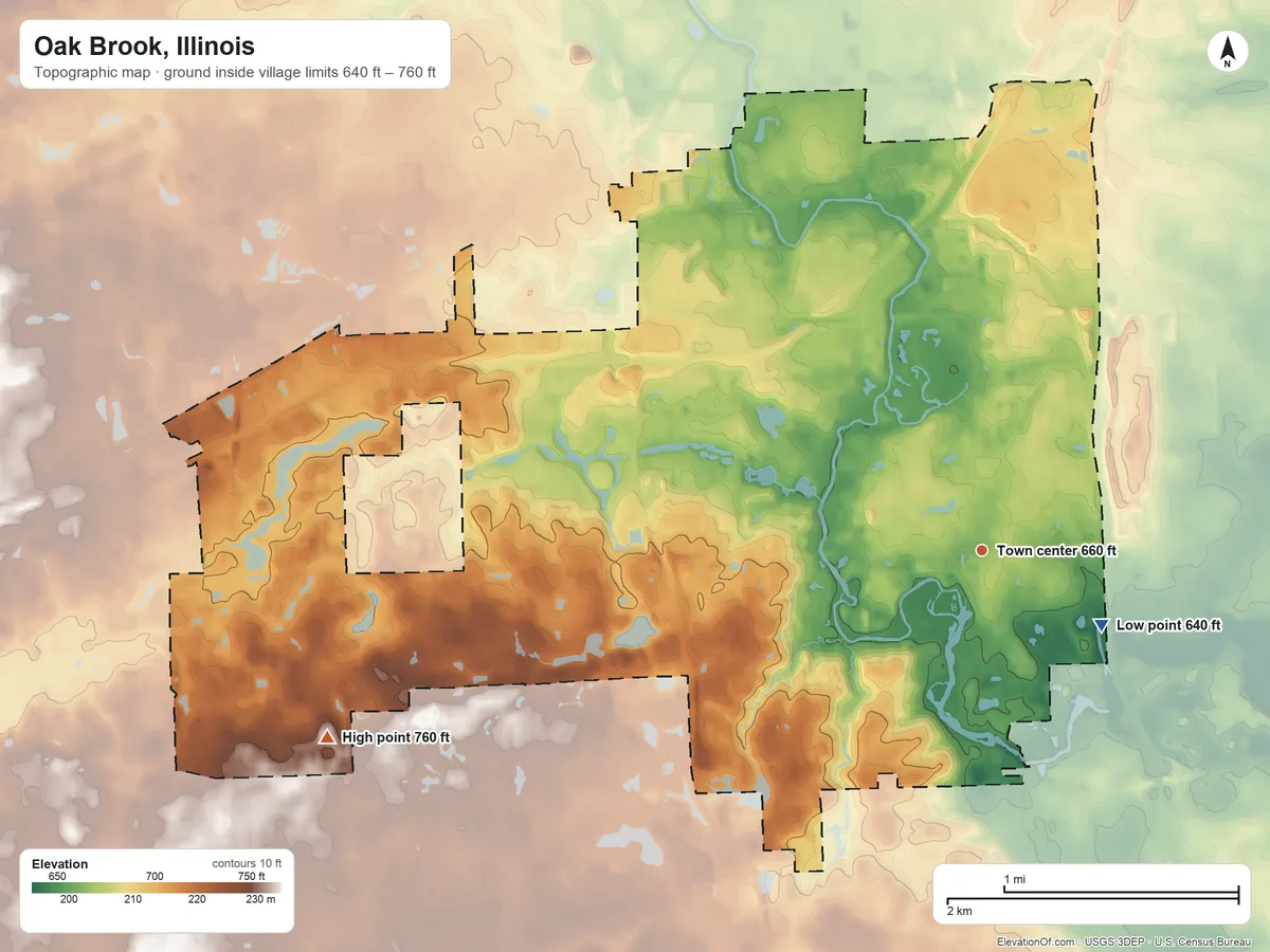 Topographic elevation map of Oak Brook, Illinois, shaded from 640 ft on the southeast side to 760 ft on the west side