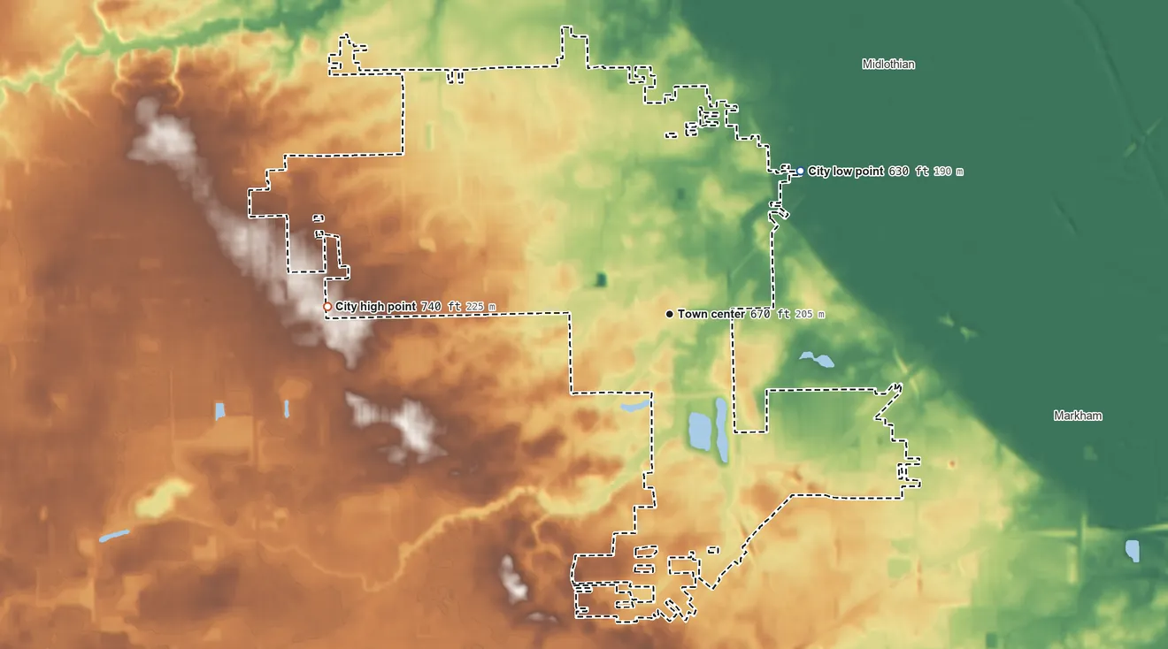 Topographic elevation map of Oak Forest, Illinois, shaded from 630 ft on the northeast side to 740 ft on the west side