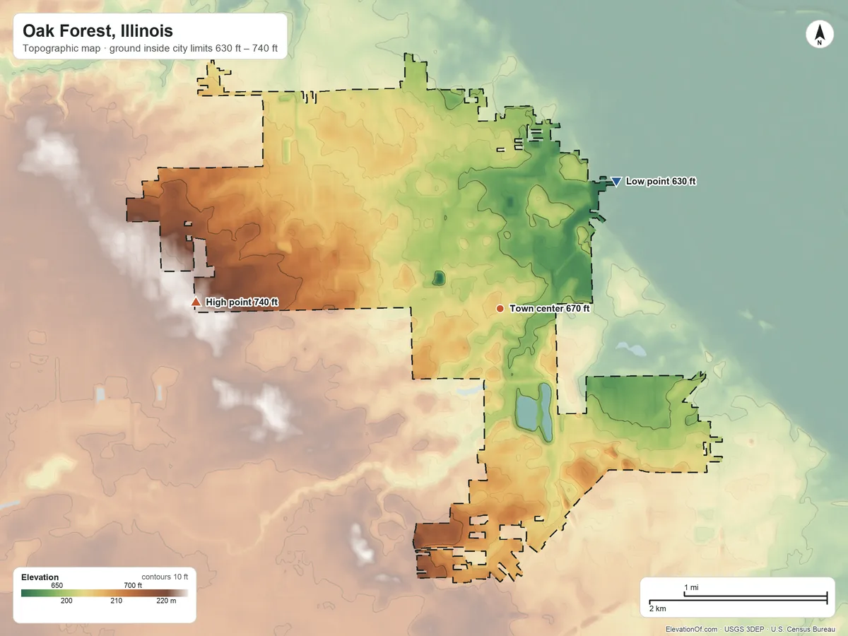 Topographic elevation map of Oak Forest, Illinois, shaded from 630 ft on the northeast side to 740 ft on the west side