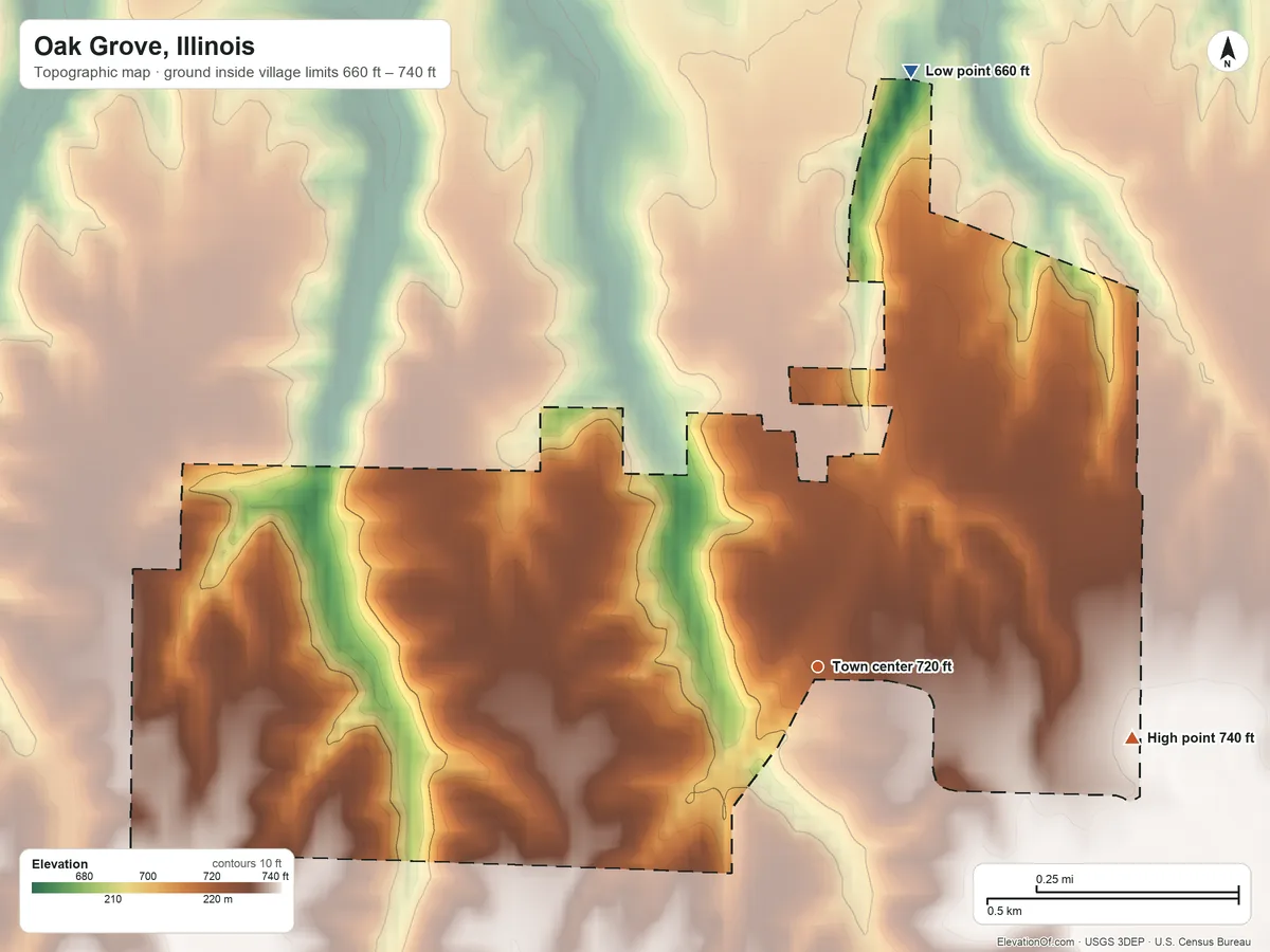 Topographic elevation map of Oak Grove, Illinois, shaded from 660 ft on the north side to 740 ft on the east side