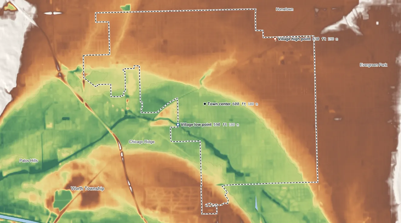 Topographic elevation map of Oak Lawn, Illinois, shaded from 590 ft on the southwest side to 630 ft on the northeast side