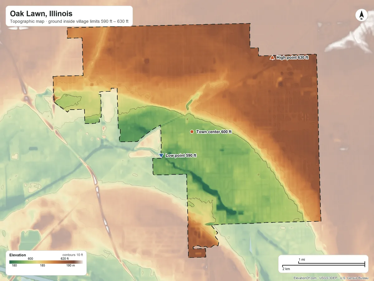 Topographic elevation map of Oak Lawn, Illinois, shaded from 590 ft on the southwest side to 630 ft on the northeast side