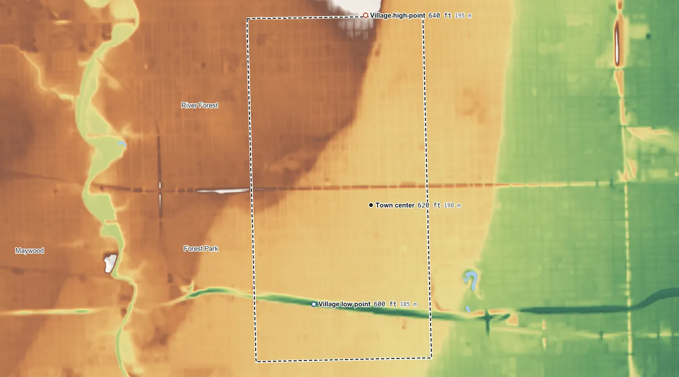 Topographic elevation map of Oak Park, Illinois, shaded from 600 ft on the southwest side to 640 ft on the north side