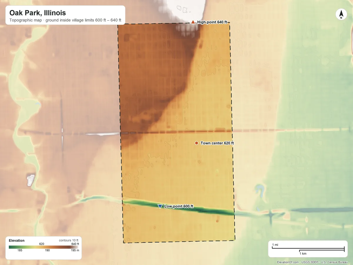 Topographic elevation map of Oak Park, Illinois, shaded from 600 ft on the southwest side to 640 ft on the north side
