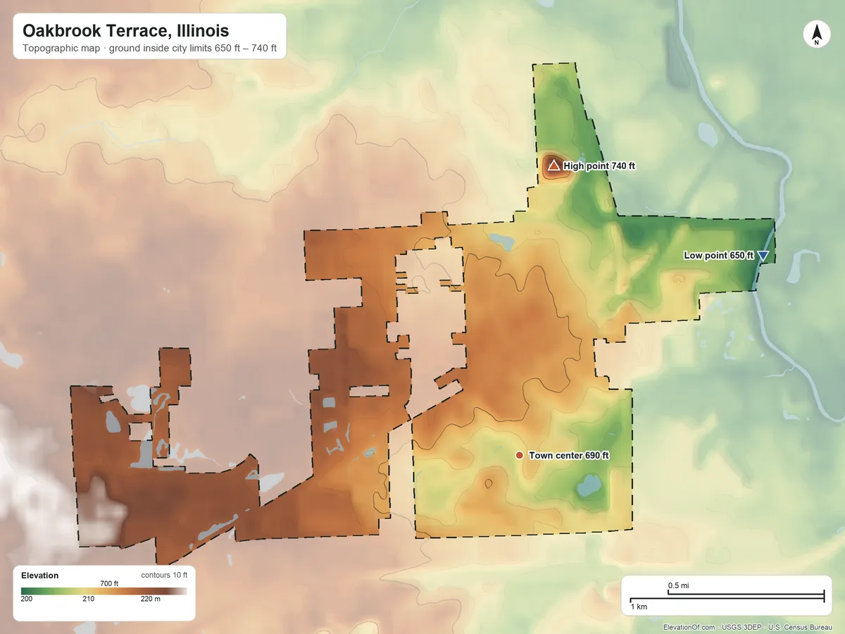 Topographic elevation map of Oakbrook Terrace, Illinois, shaded from 650 ft on the northeast side to 740 ft on the north side