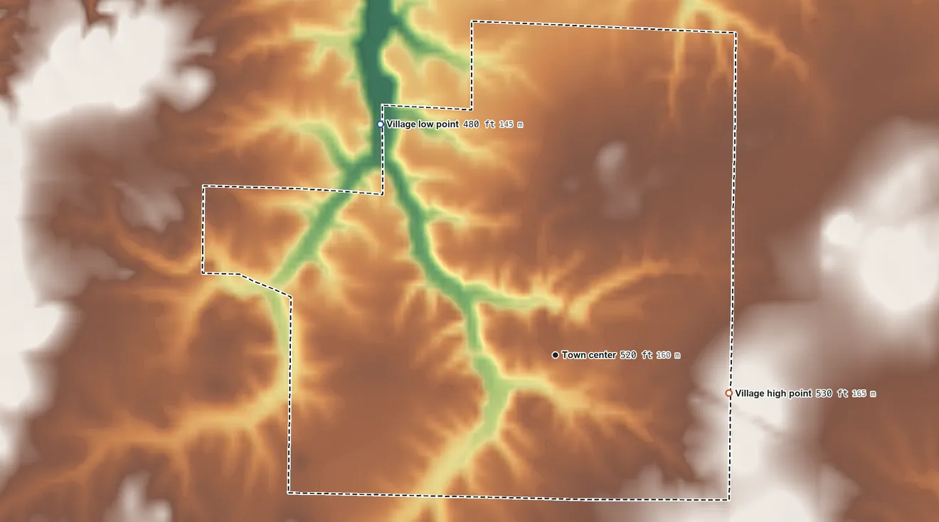 Topographic elevation map of Oakdale, Illinois, shaded from 480 ft on the northwest side to 530 ft on the east side