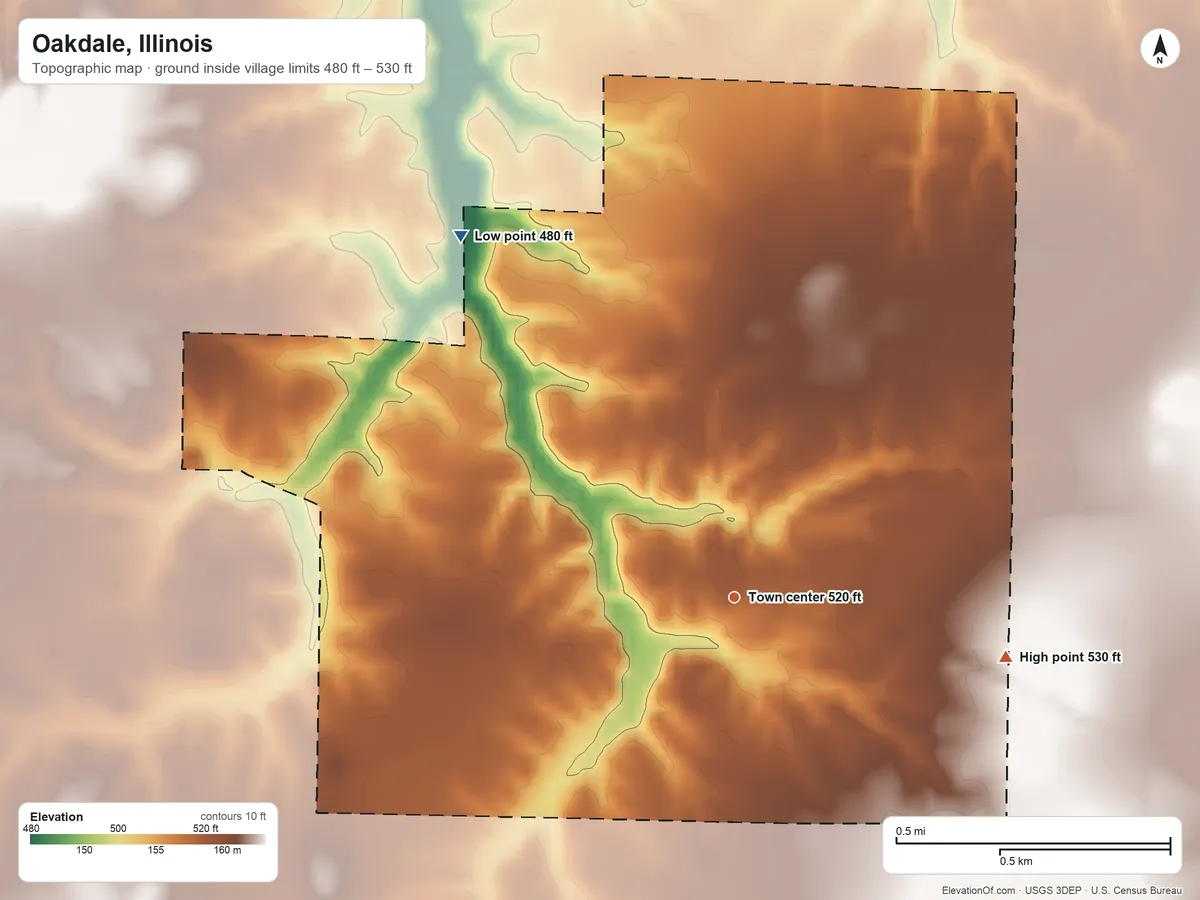Topographic elevation map of Oakdale, Illinois, shaded from 480 ft on the northwest side to 530 ft on the east side