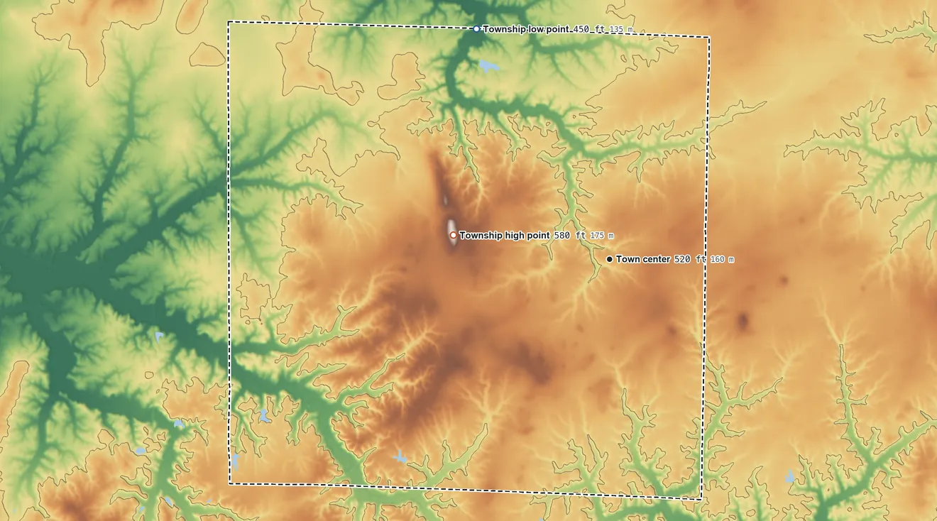 Topographic elevation map of Oakdale Township, Illinois, shaded from 450 ft on the northwest side to 580 ft on the west side