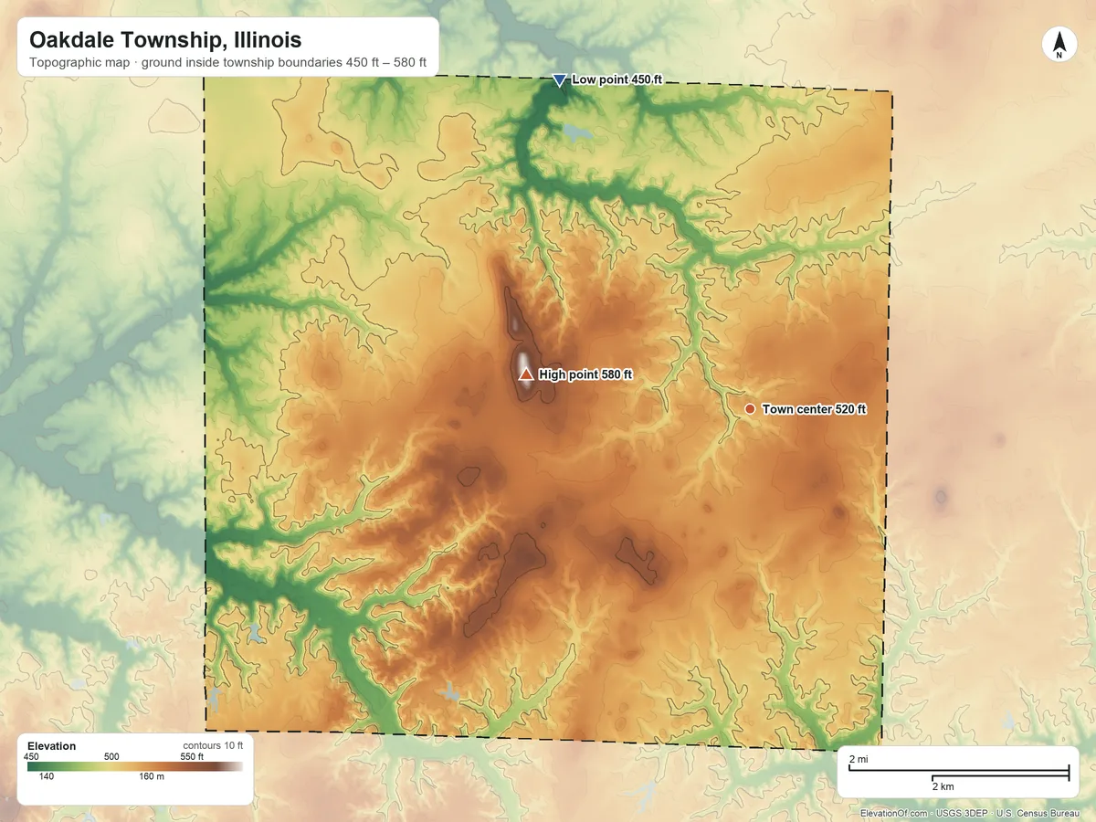 Topographic elevation map of Oakdale Township, Illinois, shaded from 450 ft on the northwest side to 580 ft on the west side