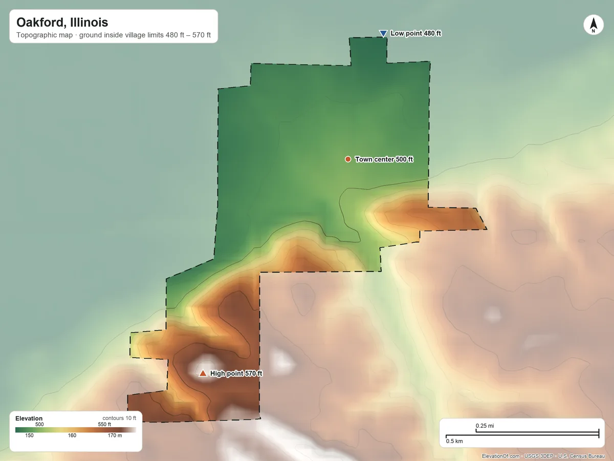 Topographic elevation map of Oakford, Illinois, shaded from 480 ft on the north side to 570 ft on the southwest side