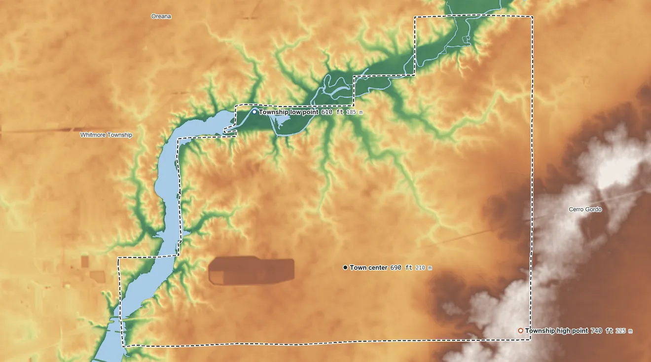 Topographic elevation map of Oakley Township, Illinois, shaded from 610 ft on the northwest side to 740 ft on the east side