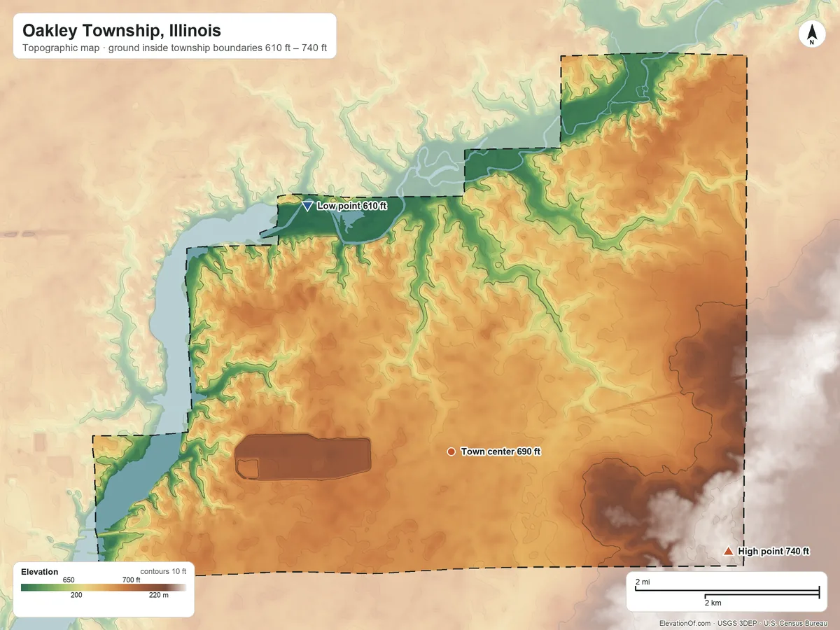 Topographic elevation map of Oakley Township, Illinois, shaded from 610 ft on the northwest side to 740 ft on the east side