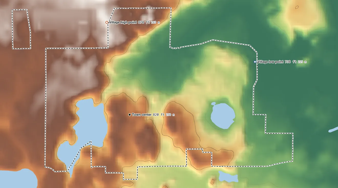 Topographic elevation map of Oakwood Hills, Illinois, shaded from 730 ft on the northeast side to 870 ft on the north side