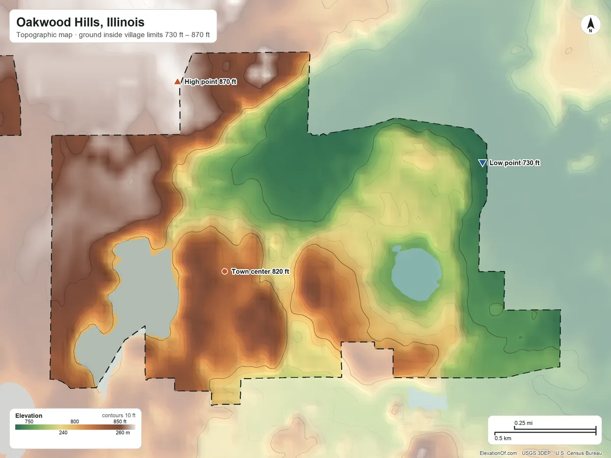 Topographic elevation map of Oakwood Hills, Illinois, shaded from 730 ft on the northeast side to 870 ft on the north side