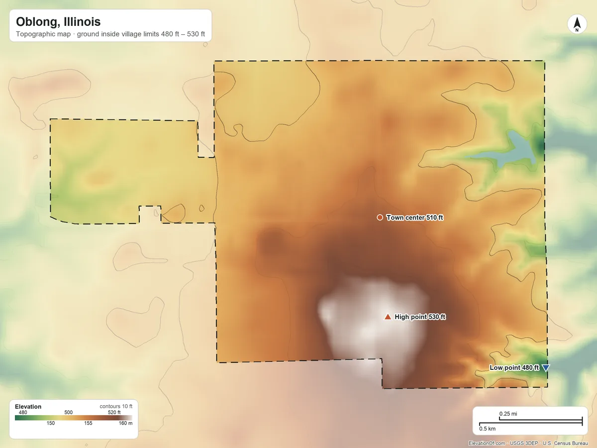 Topographic elevation map of Oblong, Illinois, shaded from 480 ft on the southeast side to 530 ft on the south side