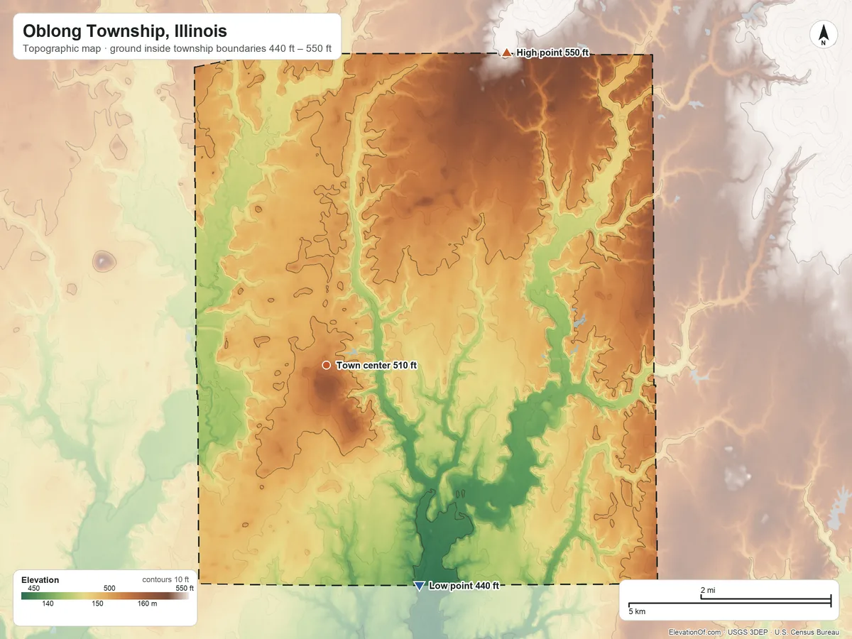 Topographic elevation map of Oblong Township, Illinois, shaded from 440 ft on the southeast side to 550 ft on the northeast side