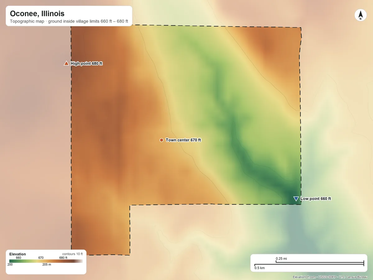 Topographic elevation map of Oconee, Illinois, shaded from 660 ft on the southeast side to 680 ft on the northwest side