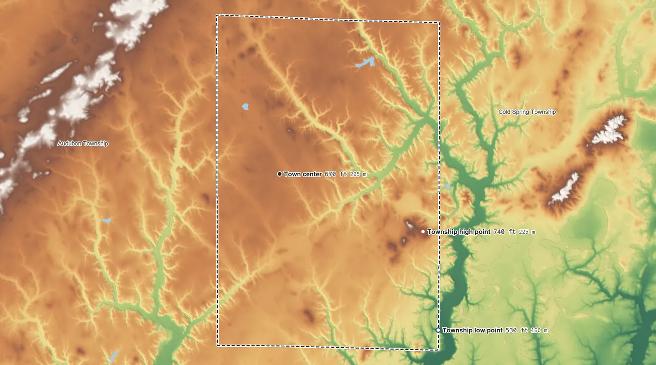 Topographic elevation map of Oconee Township, Illinois, shaded from 530 ft on the southeast side to 740 ft on the east side