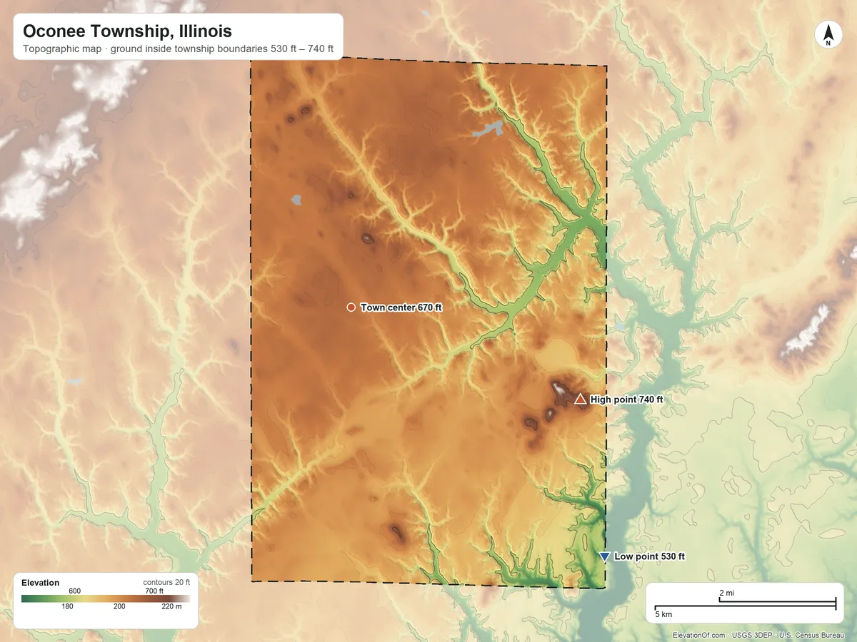 Topographic elevation map of Oconee Township, Illinois, shaded from 530 ft on the southeast side to 740 ft on the east side