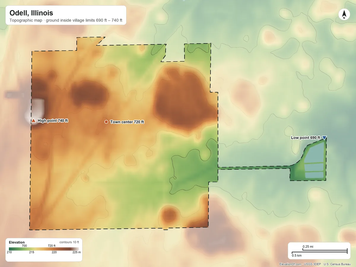 Topographic elevation map of Odell, Illinois, shaded from 690 ft on the east side to 740 ft on the west side