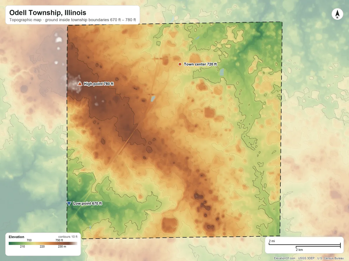 Topographic elevation map of Odell Township, Illinois, shaded from 670 ft on the southwest side to 780 ft on the west side