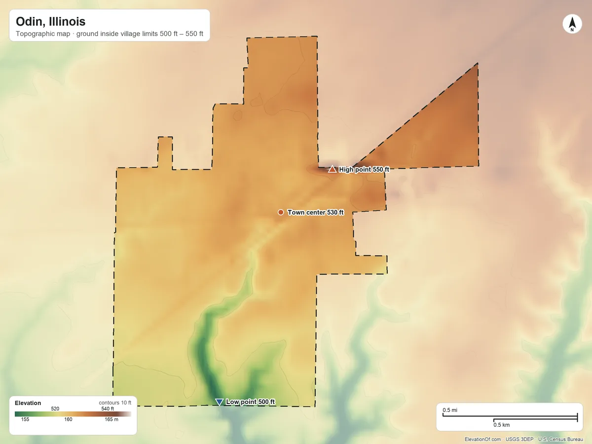 Topographic elevation map of Odin, Illinois, shaded from 500 ft on the south side to 550 ft on the northeast side