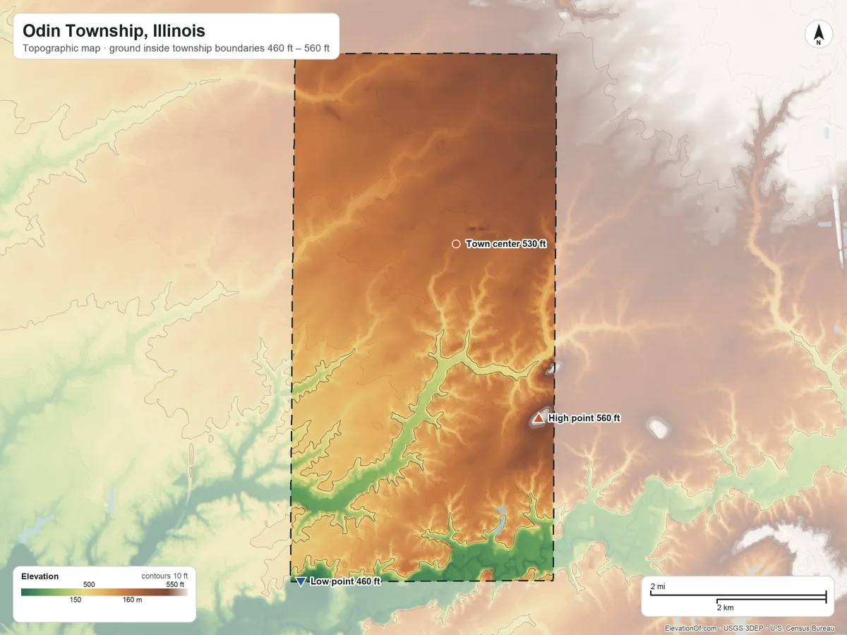 Topographic elevation map of Odin Township, Illinois, shaded from 460 ft on the southwest side to 560 ft on the southeast side