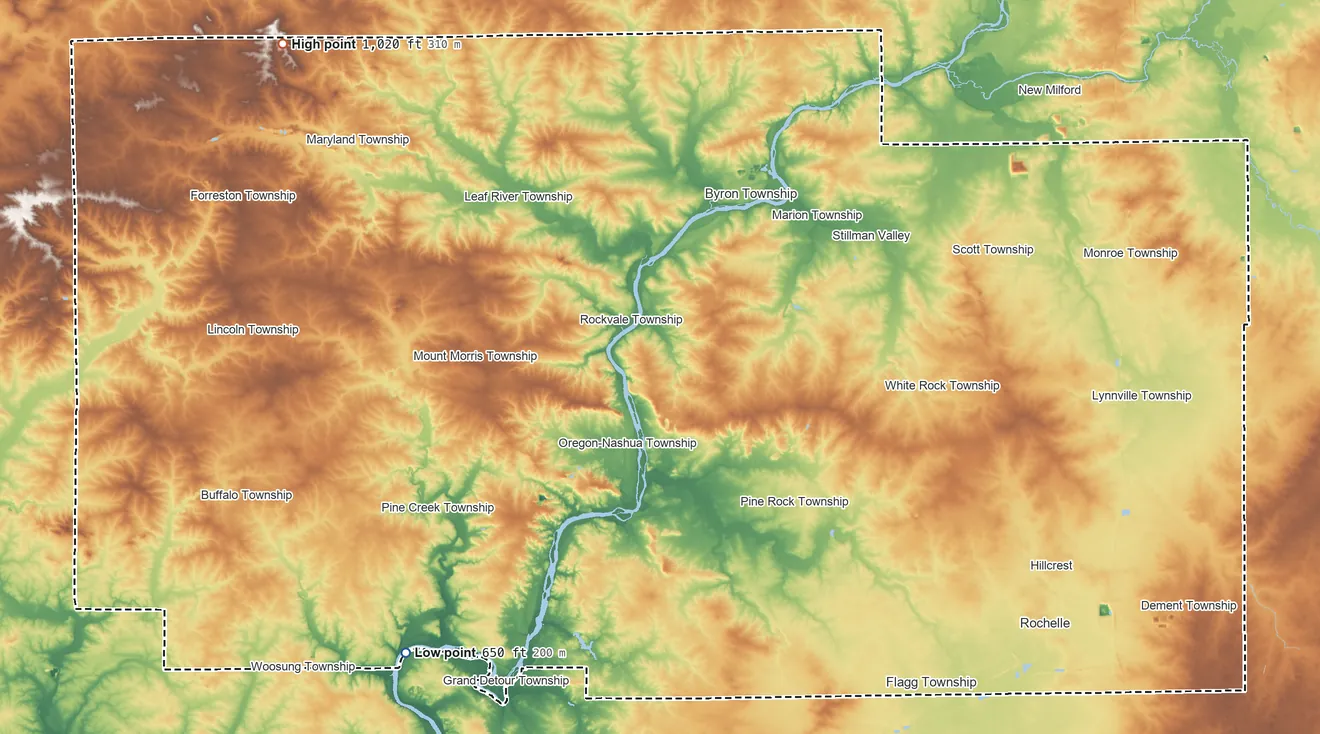 Topographic elevation map of Ogle County, Illinois, shaded from 650 ft on the southwest side to 1,020 ft on the northwest side