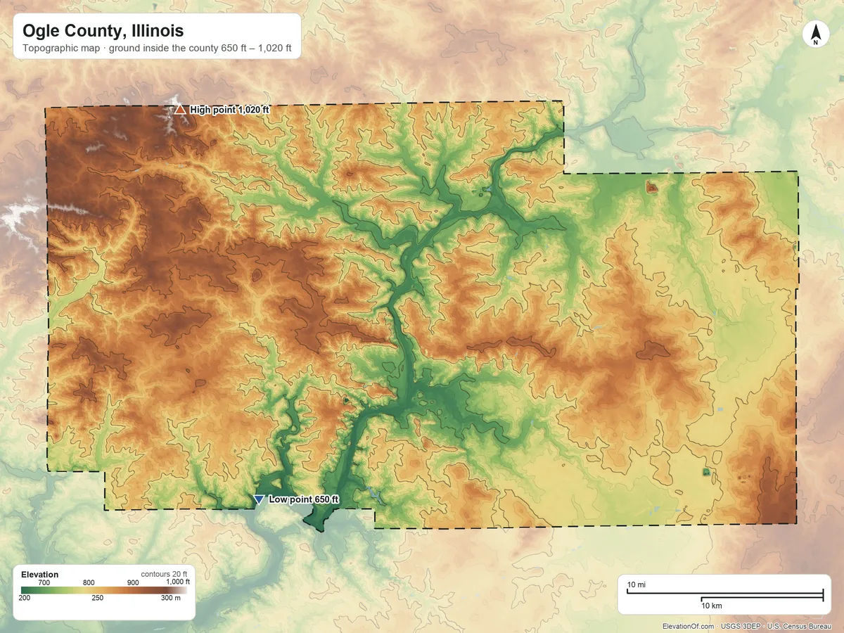 Topographic elevation map of Ogle County, Illinois, shaded from 650 ft on the southwest side to 1,020 ft on the northwest side