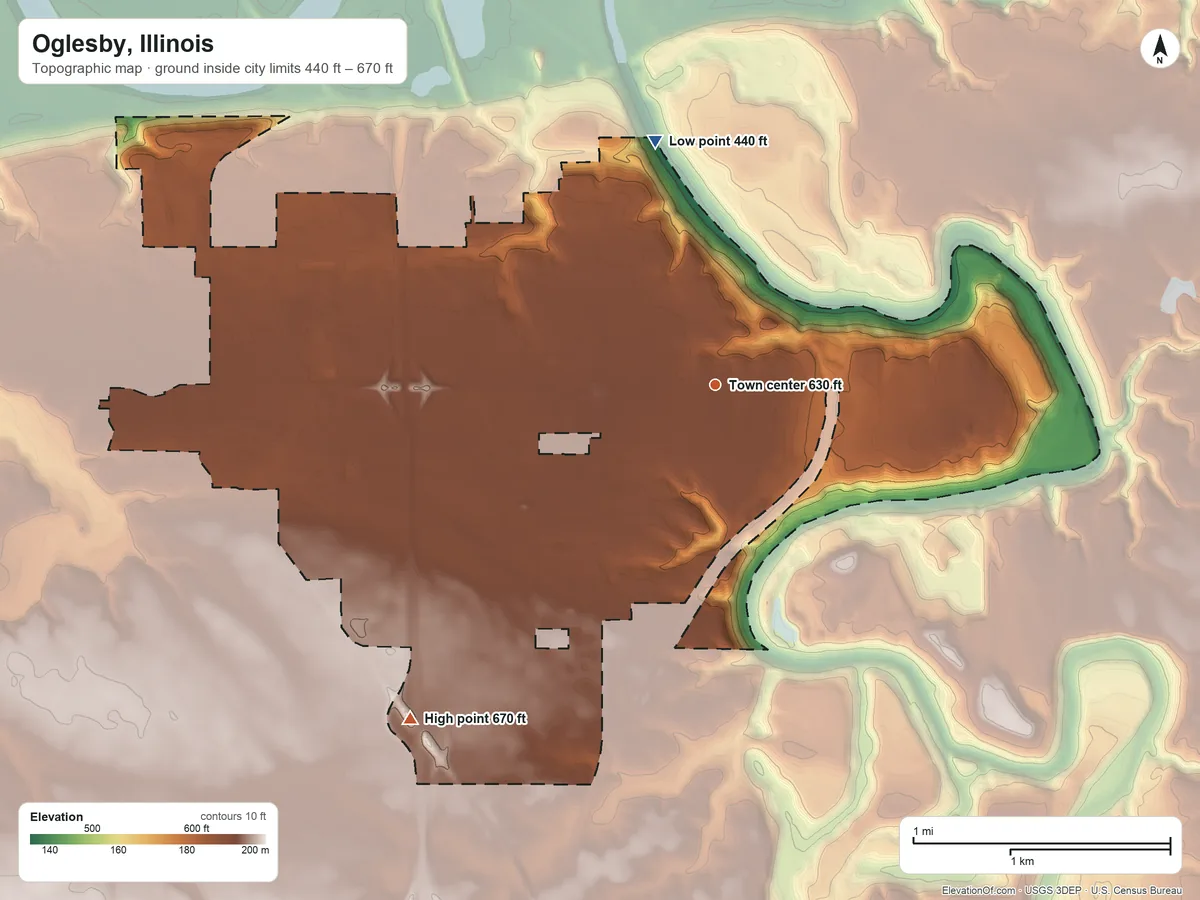 Topographic elevation map of Oglesby, Illinois, shaded from 440 ft on the north side to 670 ft on the southwest side