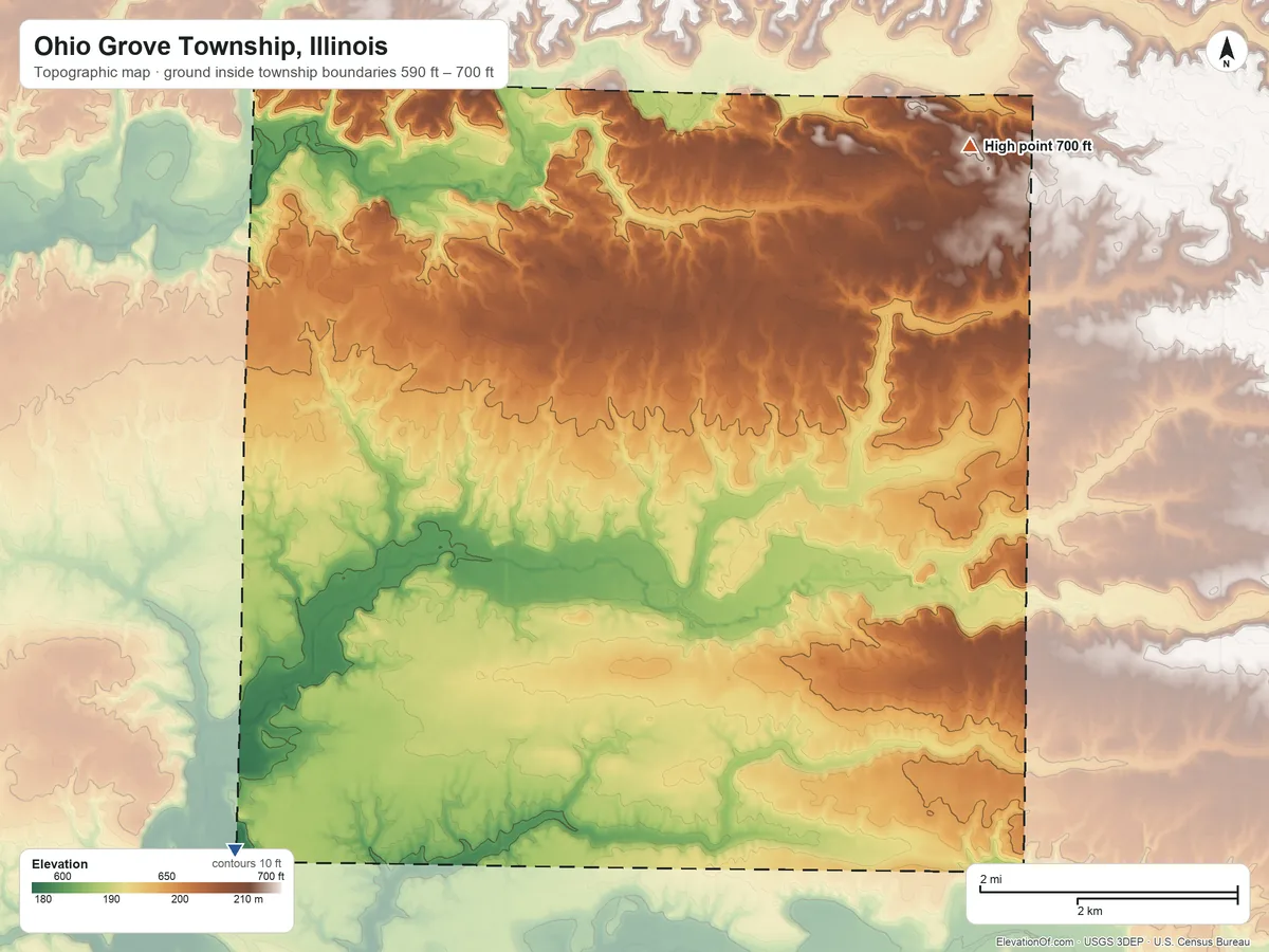 Topographic elevation map of Ohio Grove Township, Illinois, shaded from 590 ft on the southwest side to 700 ft on the northeast side