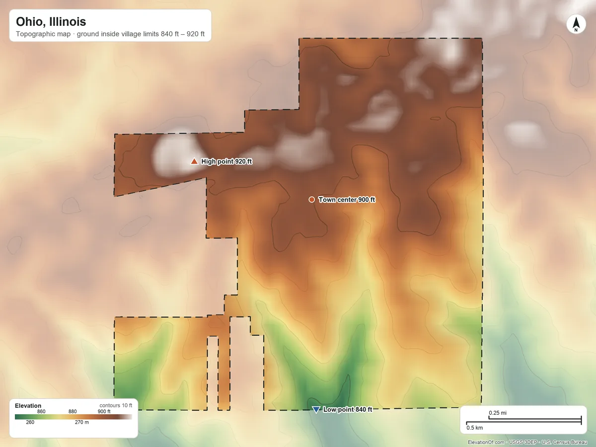 Topographic elevation map of Ohio, Illinois, shaded from 840 ft on the south side to 920 ft on the west side