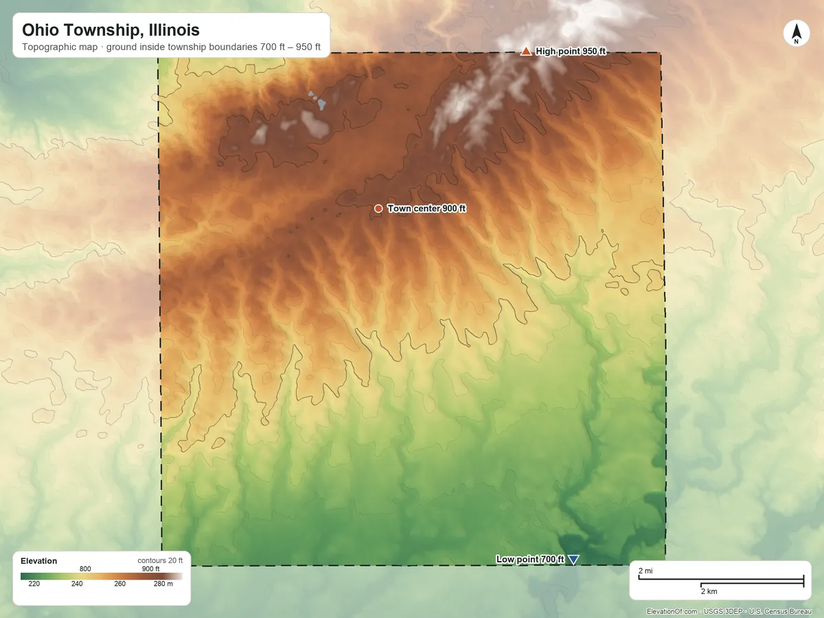 Topographic elevation map of Ohio Township, Illinois, shaded from 700 ft on the southeast side to 950 ft on the northeast side