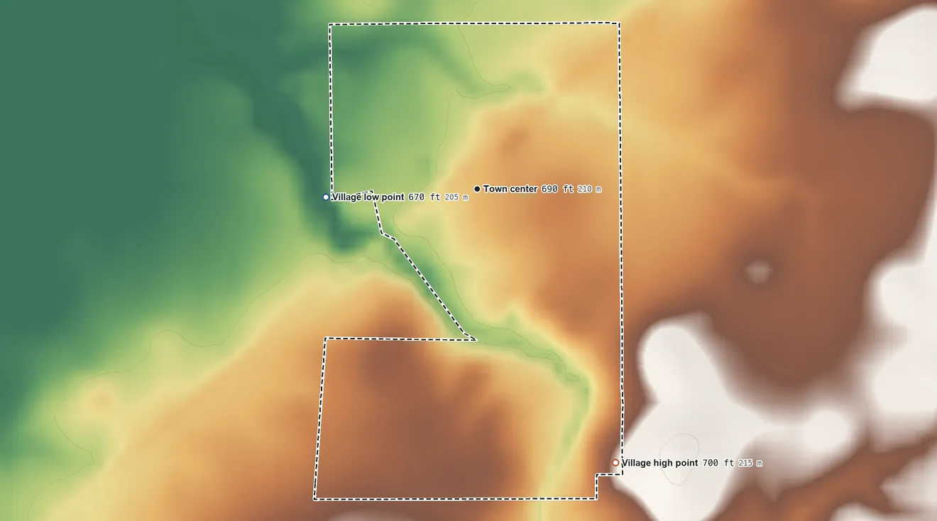 Topographic elevation map of Ohlman, Illinois, shaded from 670 ft on the west side to 700 ft on the southeast side
