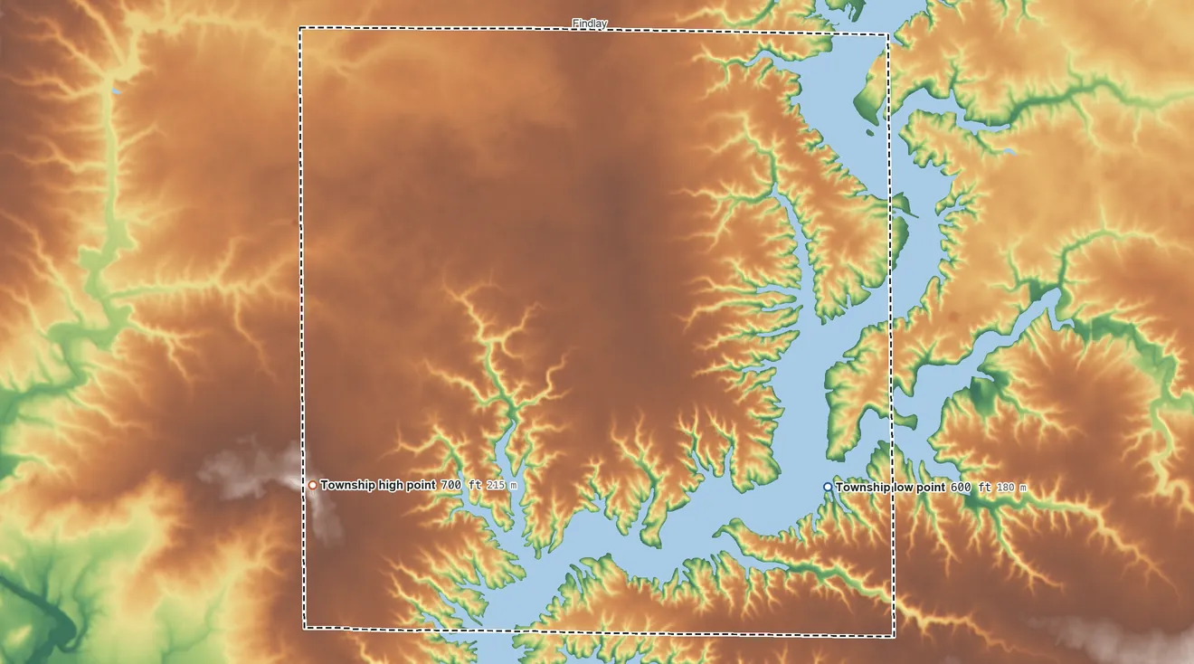 Topographic elevation map of Okaw Township, Illinois, shaded from 600 ft on the southeast side to 700 ft on the southwest side