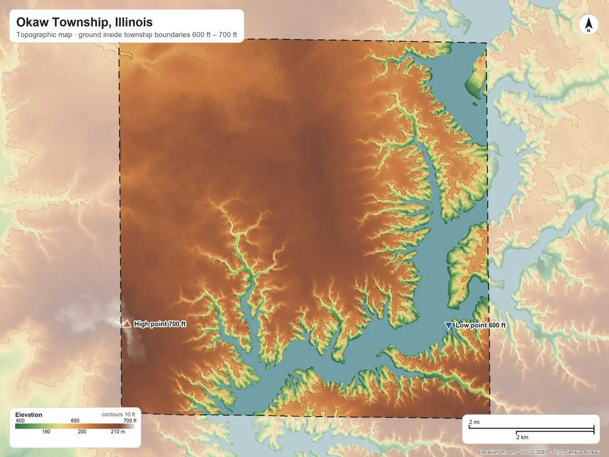 Topographic elevation map of Okaw Township, Illinois, shaded from 600 ft on the southeast side to 700 ft on the southwest side