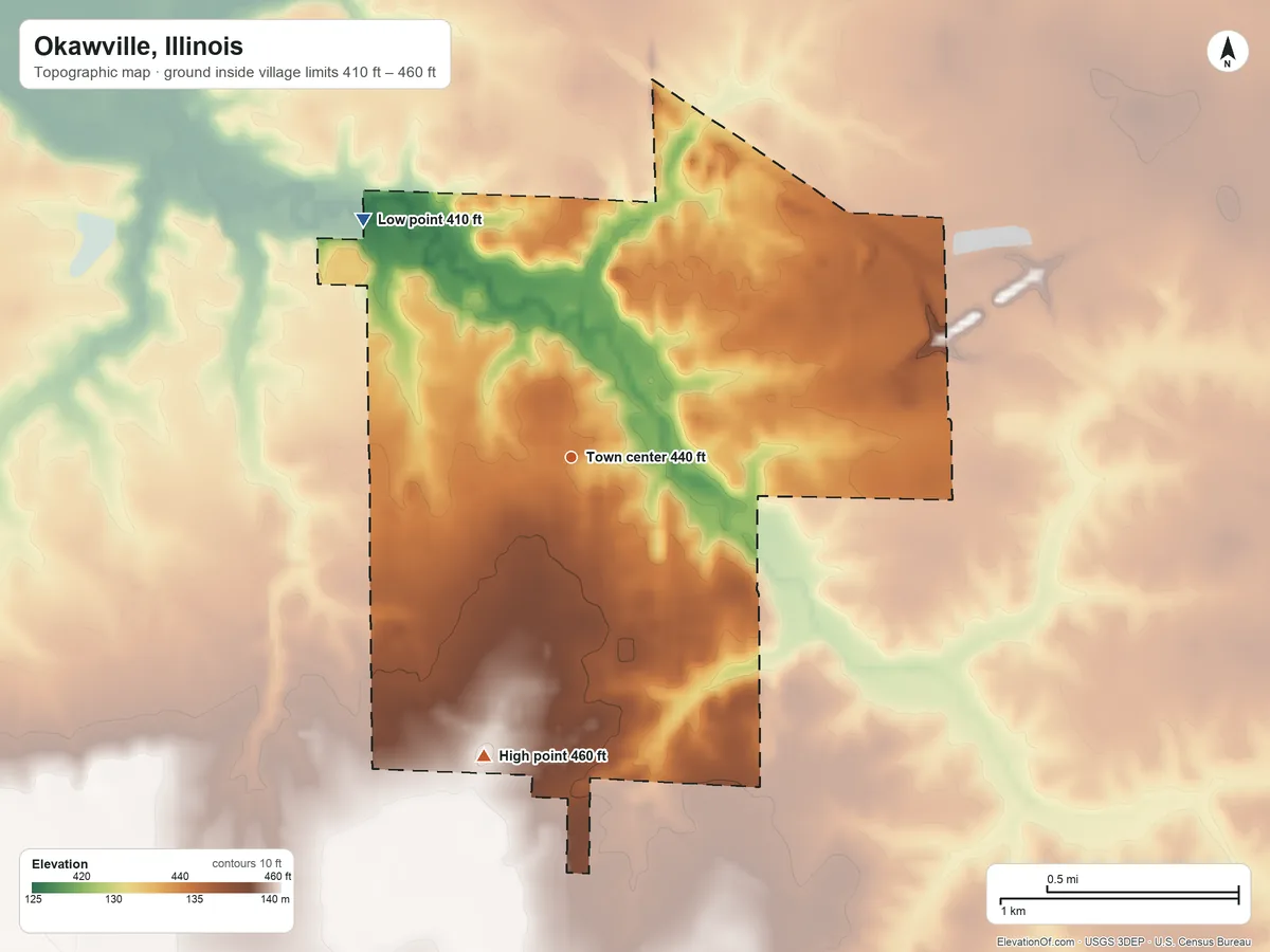 Topographic elevation map of Okawville, Illinois, shaded from 410 ft on the northwest side to 460 ft on the south side