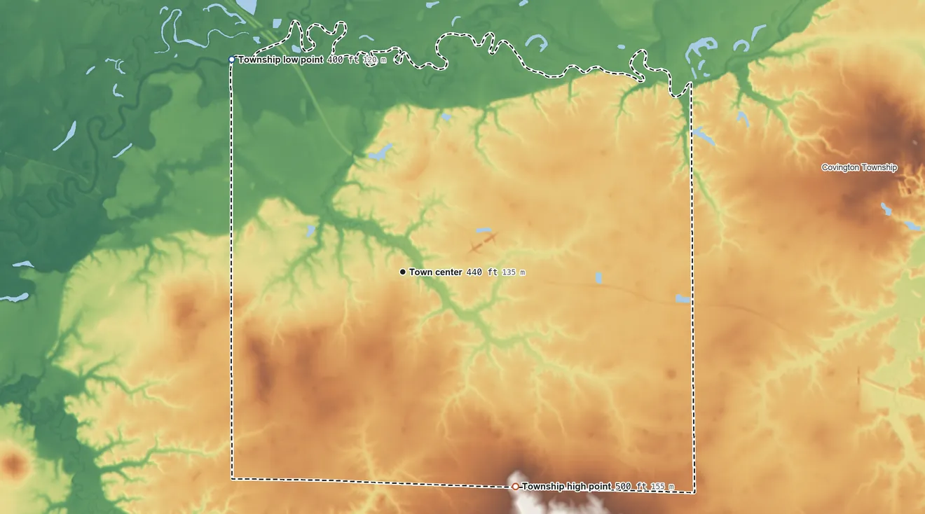 Topographic elevation map of Okawville Township, Illinois, shaded from 400 ft on the northwest side to 500 ft on the southeast side