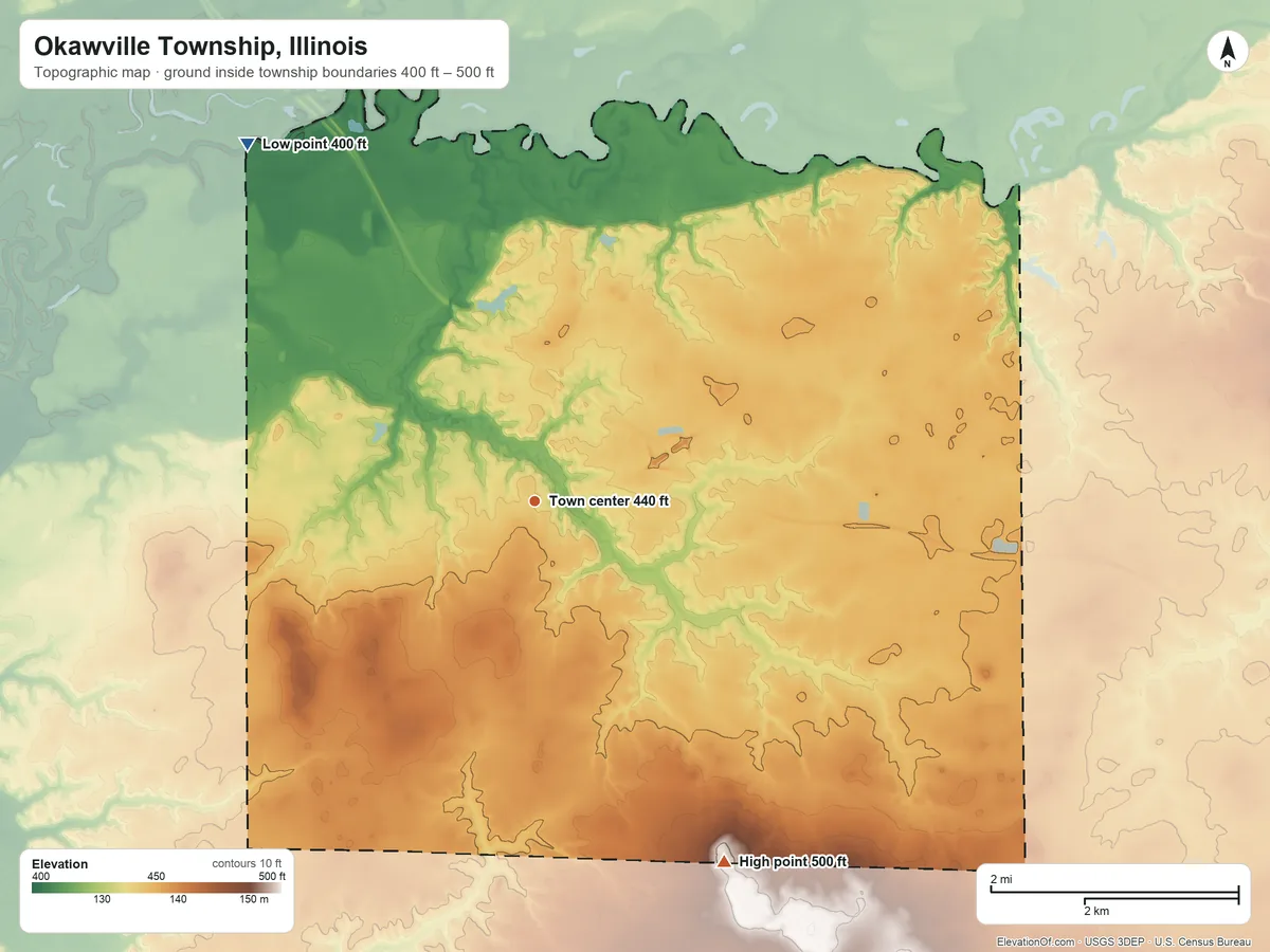 Topographic elevation map of Okawville Township, Illinois, shaded from 400 ft on the northwest side to 500 ft on the southeast side