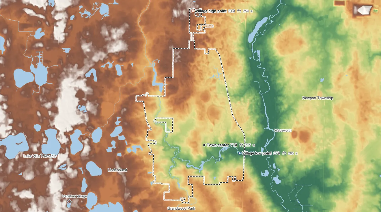 Topographic elevation map of Old Mill Creek, Illinois, shaded from 670 ft on the east side to 810 ft on the north side