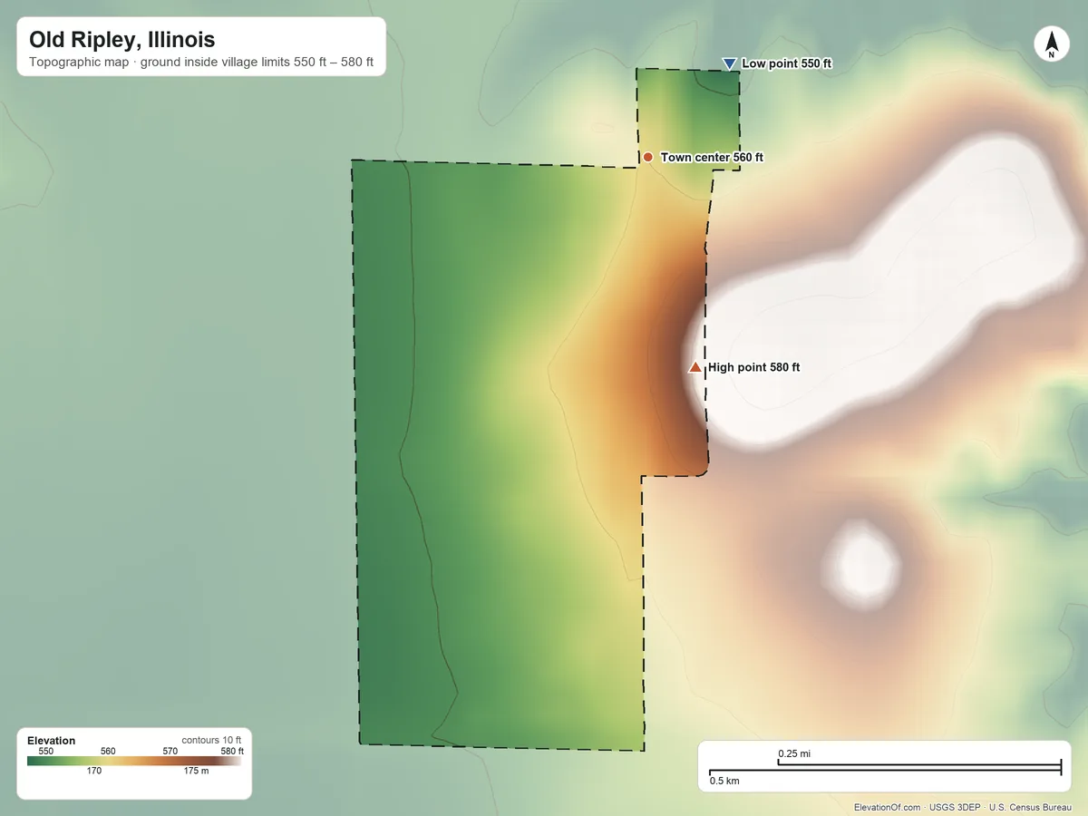 Topographic elevation map of Old Ripley, Illinois, shaded from 550 ft on the northeast side to 580 ft on the south side