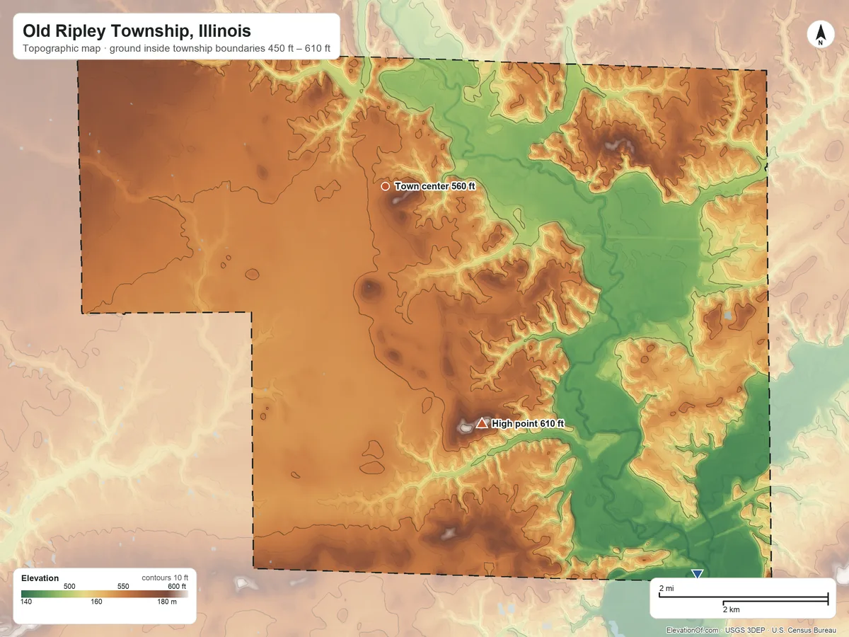 Topographic elevation map of Old Ripley Township, Illinois, shaded from 450 ft on the southeast side to 610 ft on the south side