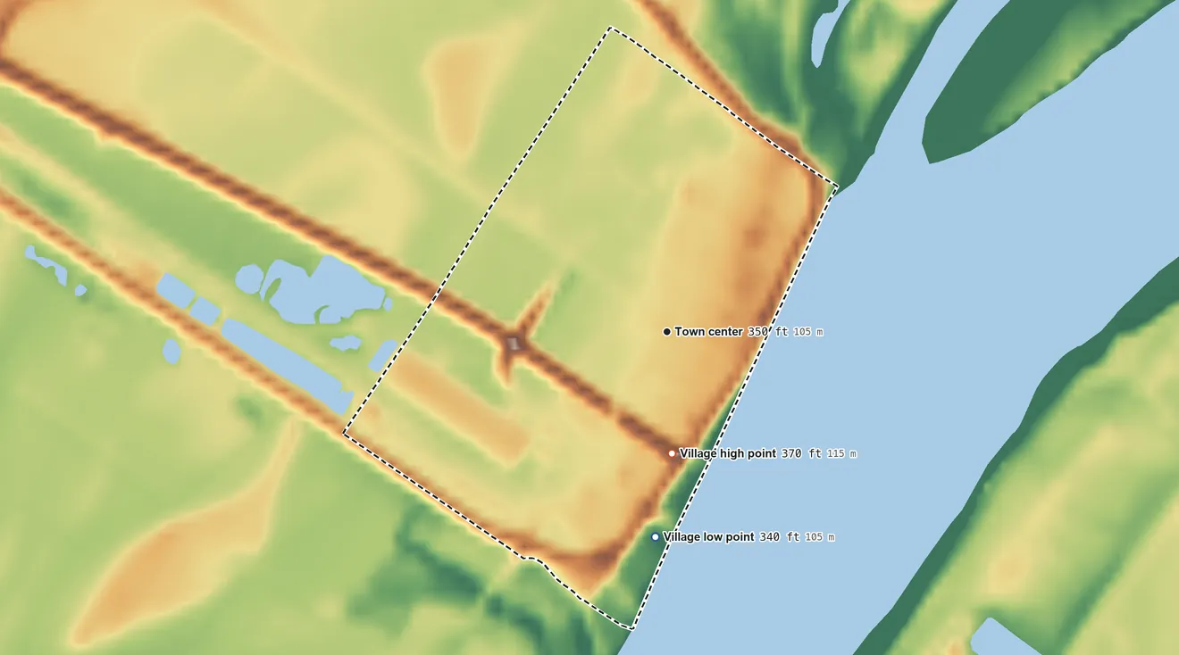 Topographic elevation map of Old Shawneetown, Illinois, shaded from 340 ft on the south side to 370 ft on the south side