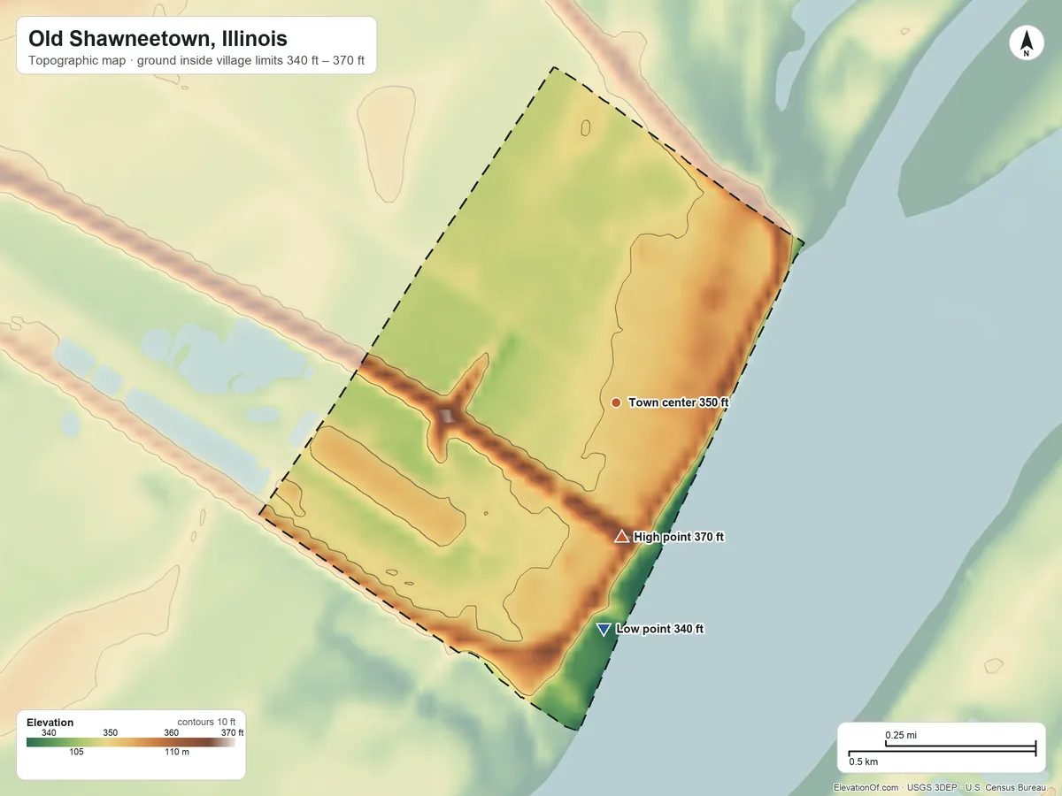 Topographic elevation map of Old Shawneetown, Illinois, shaded from 340 ft on the south side to 370 ft on the south side